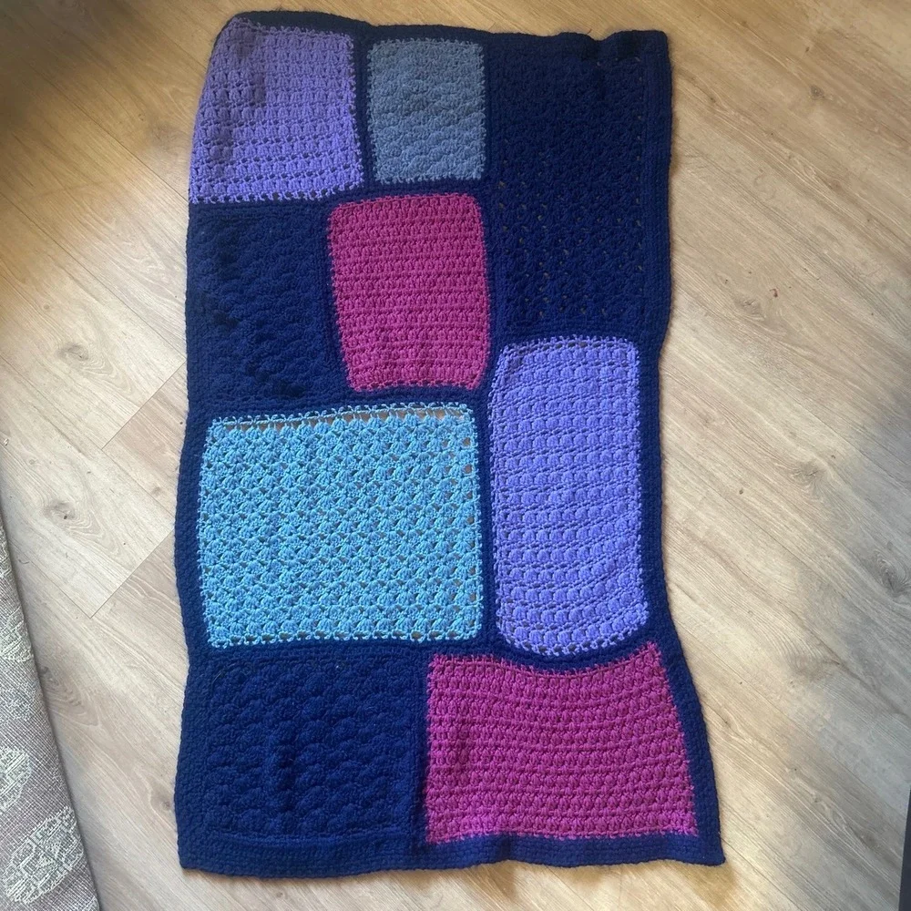 Handmade Crochet Colorblock Patchwork Throw Blanket Navy Purple Pink 50x30